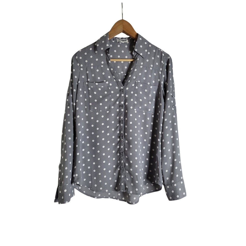 Express The Portofino Shirt Grey Polka Dot Button Down Blouse S Pockets Chic